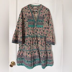 Floral Tiered Boho Dress in Teal & Pink